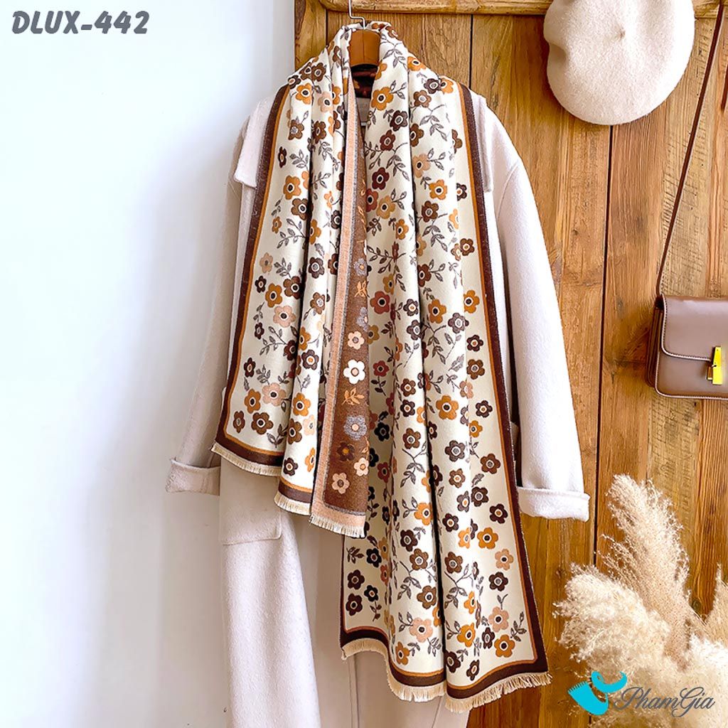 Góc Thẳng Khăn Choàng Dạ Cashmere Cao Cấp Họa Tiết Hoa Nhí Màu Nâu Đất Thanh Lịch