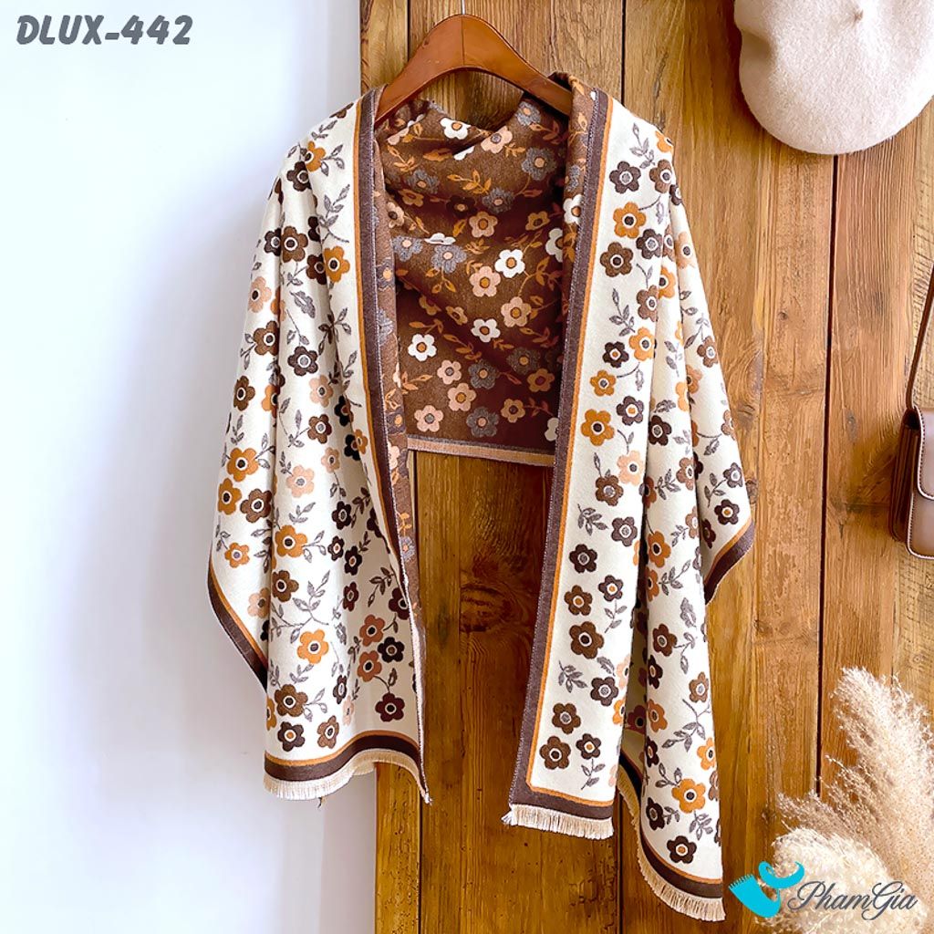 Họa Tiết Khăn Choàng Dạ Cashmere Cao Cấp Họa Tiết Hoa Nhí Màu Nâu Đất Thanh Lịch