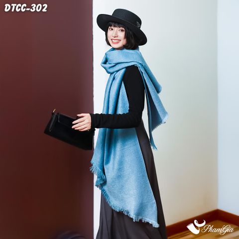 Khăn Choàng Dạ Cashmere Đơn Sắc Phối Lông Vạt Xéo Cao Cấp Màu Xanh Ngọc (DTCC302)