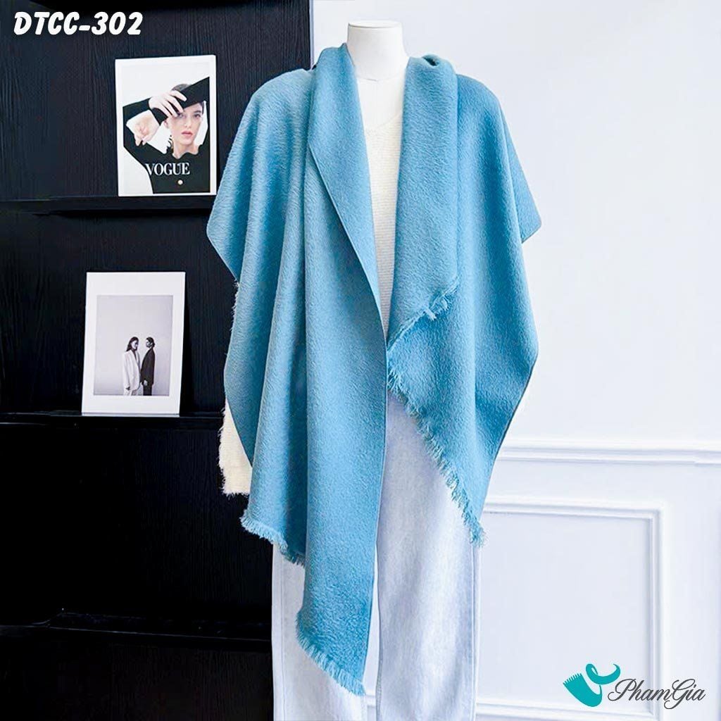 Khăn Choàng Dạ Cashmere Đơn Sắc Phối Lông Vạt Xéo Cao Cấp Màu Xanh Ngọc (DTCC302)