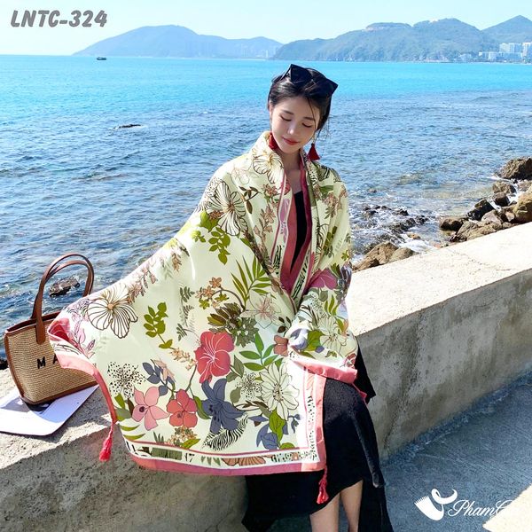 Khăn Choàng Linen Boho Họa Tiết Hoa Nhiệt Đới Màu Vàng Chanh Duyên Dáng (LNTC324)