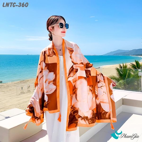 Khăn Choàng Linen Boho Họa Tiết Thổ Cẩm Phối Hoa Màu Cam Đào Thanh Lịch (LNTC360)