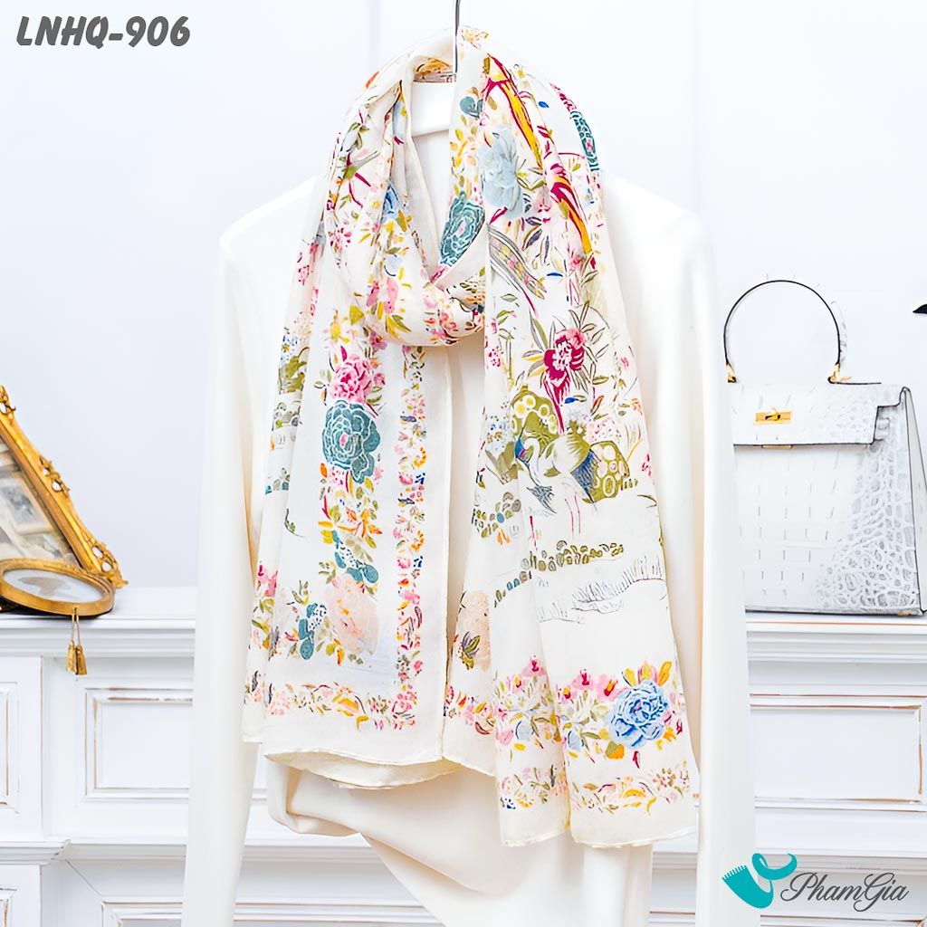 Góc Nghiêng Khăn Choàng Linen Phong Cách Hàn Quốc Họa Tiết Hoa Lá Nhiều Màu Nữ Tính