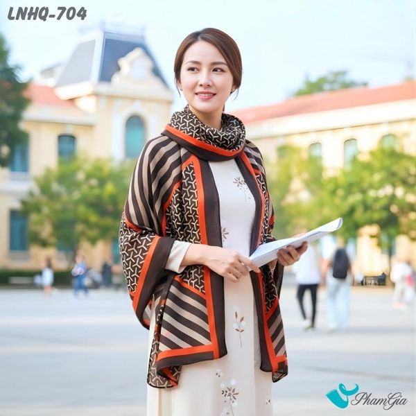 Khăn Choàng Linen Phong Cách Hàn Quốc Họa Tiết Retro Màu Cam Thanh Lịch (LNHQ704)