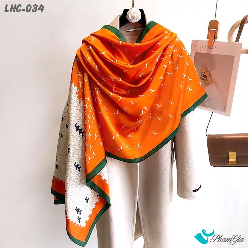Góc Thẳng Khăn Choàng Lụa Hàng Châu Họa Tiết Hình Học Màu Cam Phối Trắng Hiện Đại