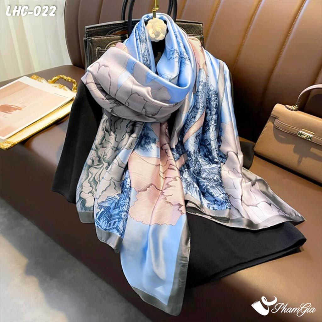 Khăn Choàng Lụa Hàng Châu Màu Xanh Baby Họa Tiết Thành Phố Cổ Trang Nhã