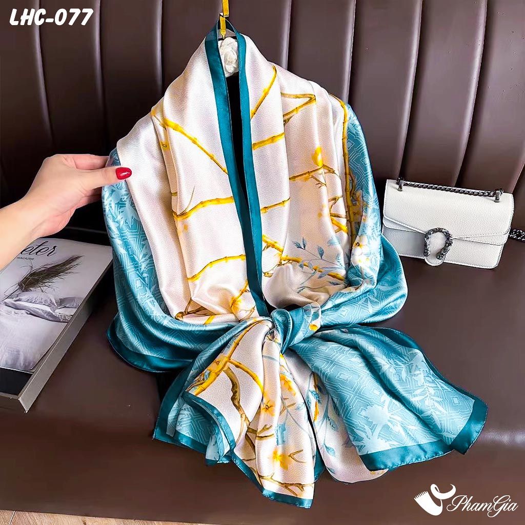 Khăn Choàng Lụa Hàng Châu Màu Xanh Ngọc Họa Tiết Trúc Mộc Lan Trang Nhã (LHC077)