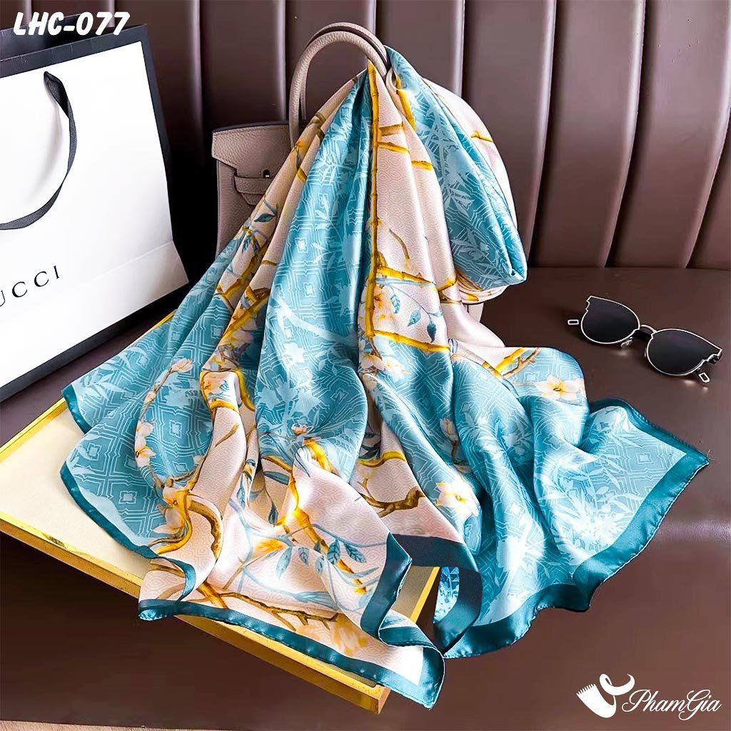 Khăn Choàng Lụa Hàng Châu Màu Xanh Ngọc Họa Tiết Trúc Mộc Lan Trang Nhã (LHC077)