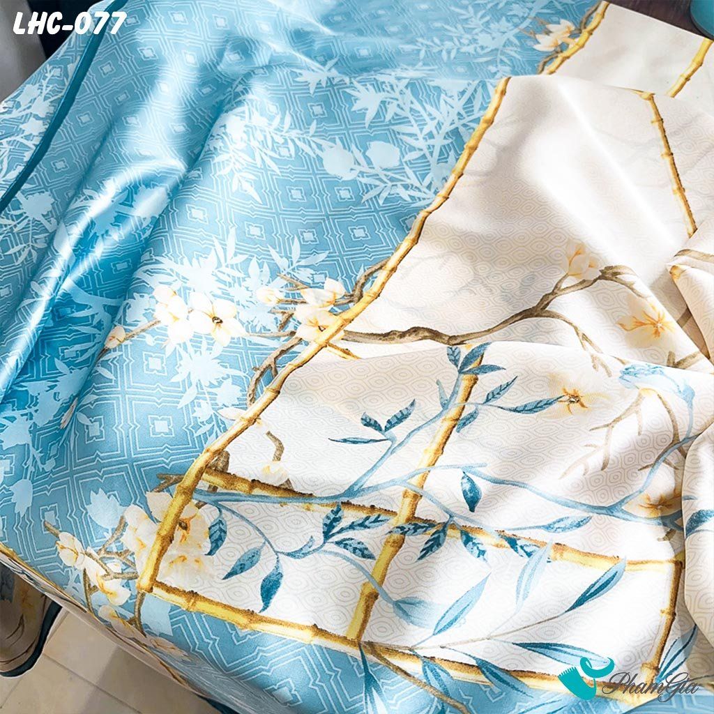 Khăn Choàng Lụa Hàng Châu Màu Xanh Ngọc Họa Tiết Trúc Mộc Lan Trang Nhã (LHC077)