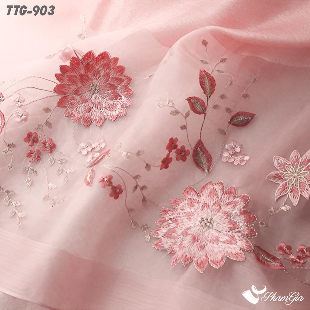 Họa Tiết Khăn Choàng Tơ Tằm Gân Cao Cấp Thêu Hoa Cúc Đại Đóa Màu Hồng Baby Trang