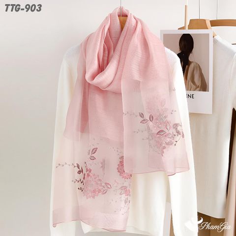 Khăn Choàng Tơ Tằm Gân Cao Cấp Thêu Hoa Cúc Đại Đóa Màu Hồng Baby Trang