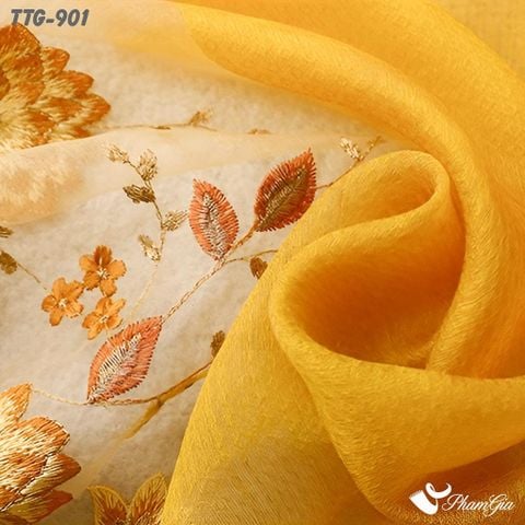 Cận Cảnh Khăn Choàng Tơ Tằm Gân Cao Cấp Thêu Hoa Cúc Đại Đóa Màu Vàng Sang Trọng
