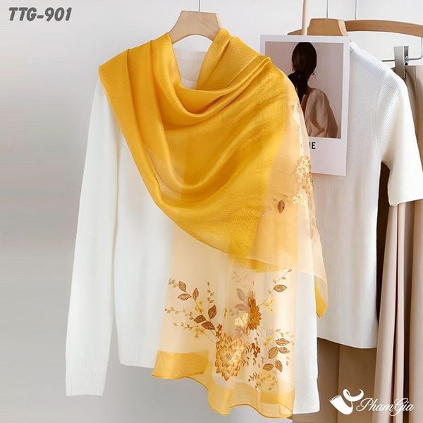 Khăn Choàng Tơ Tằm Gân Cao Cấp Thêu Hoa Cúc Đại Đóa Màu Vàng Sang Trọng (TTG901)