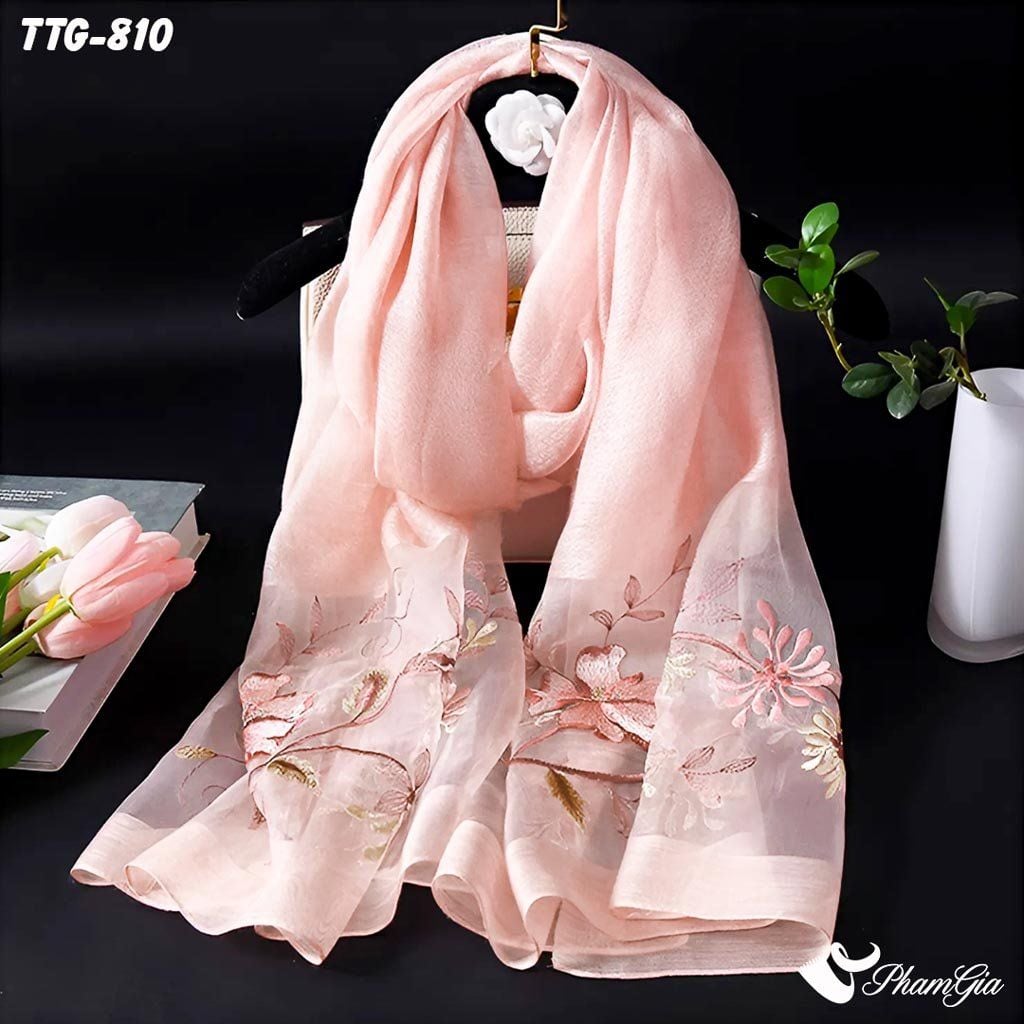 Khăn Choàng Tơ Tằm Gân Cao Cấp Thêu Hoa Mộc Lan Màu Hồng Dâu Sang Trọng