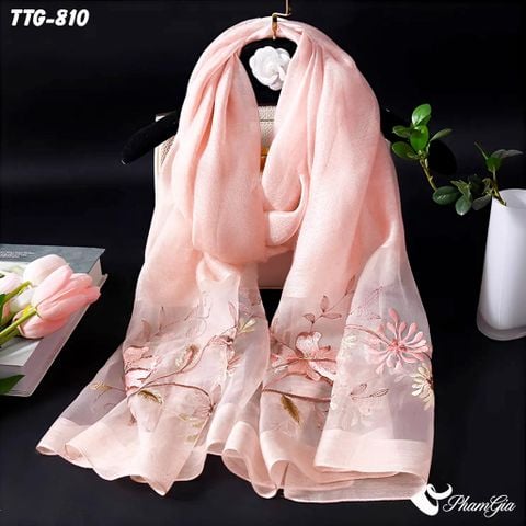 Khăn Choàng Tơ Tằm Gân Cao Cấp Thêu Hoa Mộc Lan Màu Hồng Dâu Sang Trọng