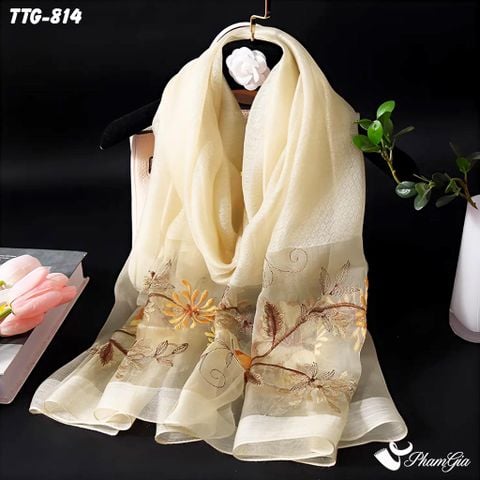 Khăn Choàng Tơ Tằm Gân Cao Cấp Thêu Hoa Mộc Lan Màu Sâm Panh Sang Trọng
