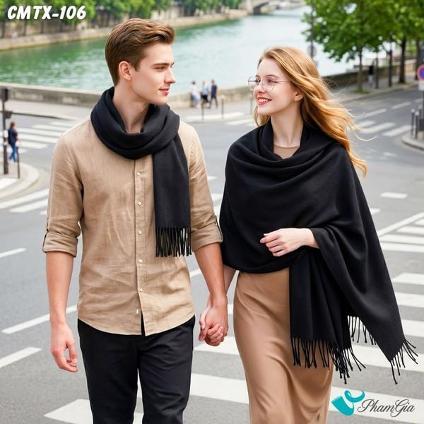 Khăn Choàng Cashmere Trơn Cao Cấp Màu Đen Mun (CMTX106)