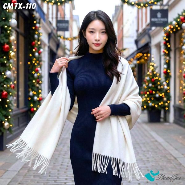 Khăn Choàng Cashmere Trơn Cao Cấp Màu Trắng Kem (CMTX110)