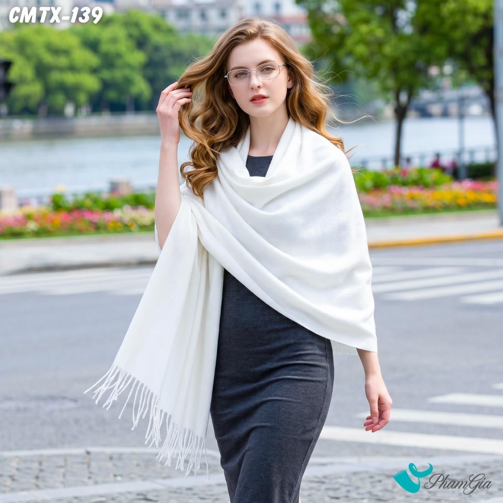 Khăn Choàng Cashmere Trơn Cao Cấp Màu Trắng Sứ (CMTX139)