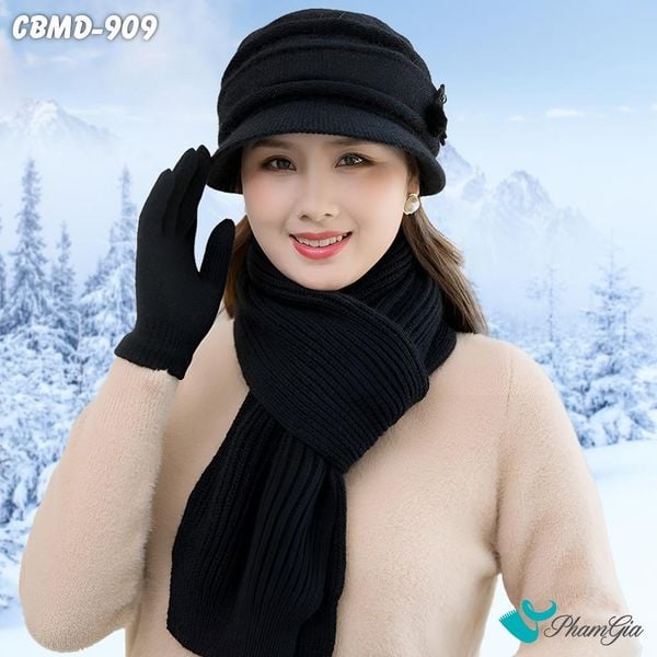Combo Len Giữ Ấm Gồm Nón - Khăn - Găng Tay Màu Đen Tuyền (CBMD909)