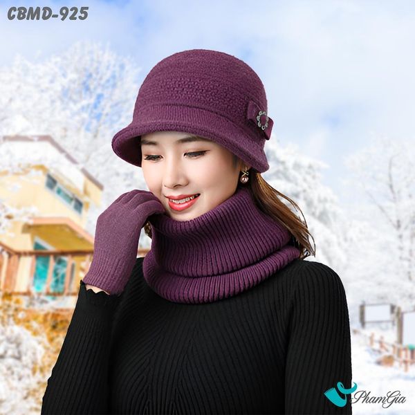Combo Len Giữ Ấm Gồm Nón - Khăn - Găng Tay Màu Tím Cẩm (CBMD925)