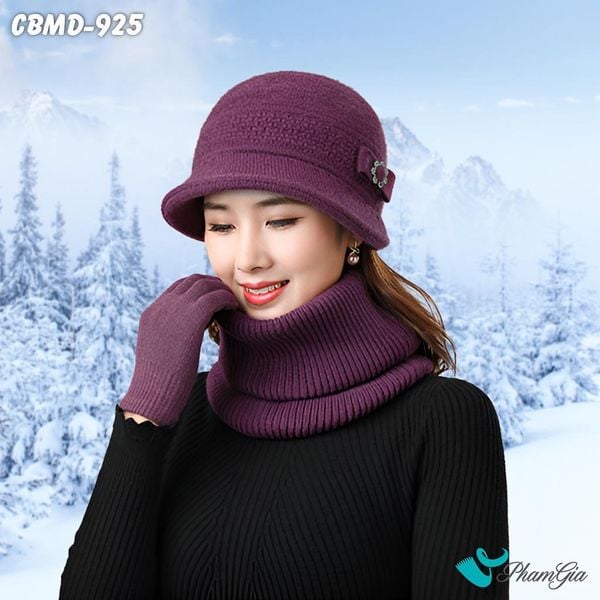 Combo Len Giữ Ấm Gồm Nón - Khăn - Găng Tay Màu Tím Cẩm (CBMD925)