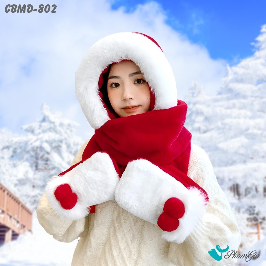 Combo Len Nhung Giữ Ấm Tích Hợp 3in1 Phối Lông Màu Đỏ - Trắng (CBMD802)