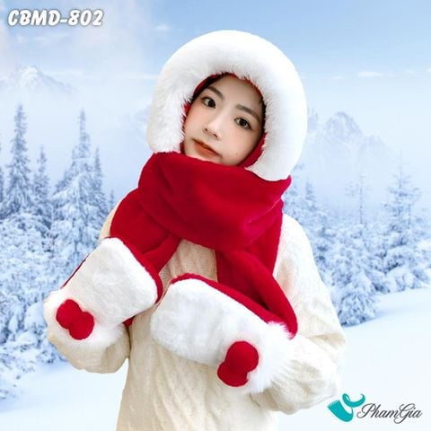 Người Mẫu Mặc Combo Len Nhung Giữ Ấm Tích Hợp 3in1 Phối Lông Màu Đỏ - Trắng