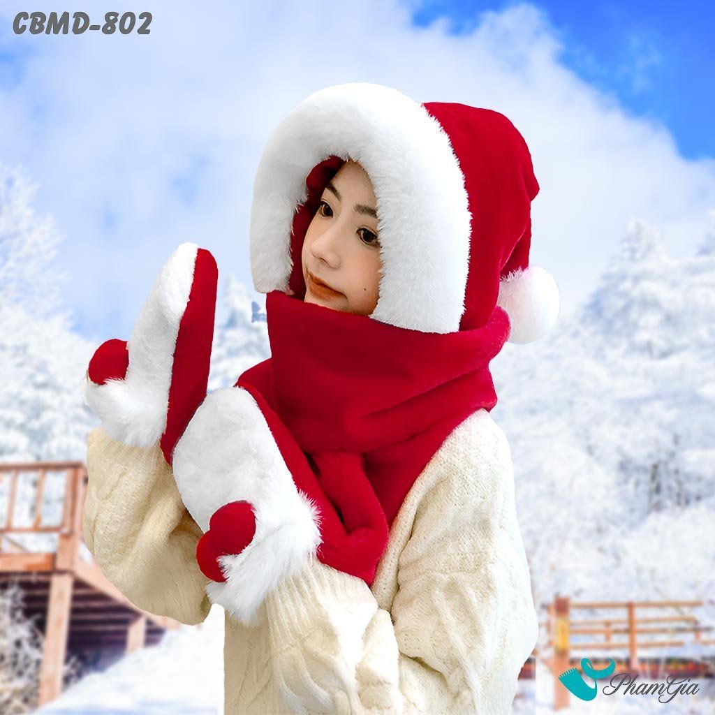Combo Len Nhung Giữ Ấm Tích Hợp 3in1 Phối Lông Màu Đỏ - Trắng (CBMD802)