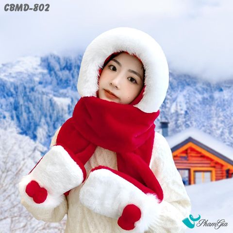 Combo Len Nhung Giữ Ấm Tích Hợp 3in1 Phối Lông Màu Đỏ - Trắng (CBMD802)