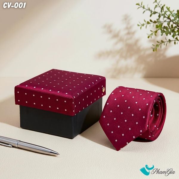Cà Vạt Nam Hoạ Tiết Chấm Vuông Màu Đỏ Đô (CV001)