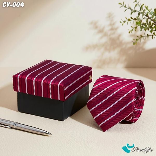 Cà Vạt Nam Hoạ Tiết Kẻ Sọc Chéo Màu Đỏ Đô Phối Trắng - Đen (CV004)