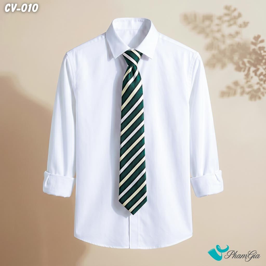 Cà Vạt Nam Hoạ Tiết Kẻ Sọc Chéo Màu Xanh Lục Phối Màu Vàng - Trắng (CV010)
