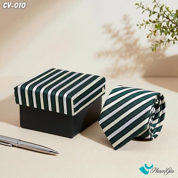 Cà Vạt Nam Hoạ Tiết Kẻ Sọc Chéo Màu Xanh Lục Phối Màu Vàng - Trắng (CV010)
