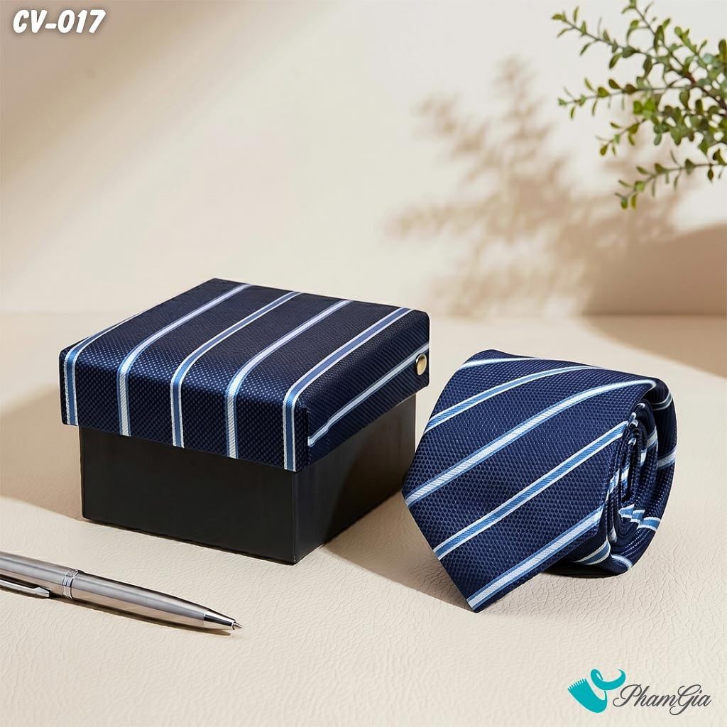 Cà Vạt Nam Hoạ Tiết Kẻ Sọc Chéo Màu Xanh Than (CV017)