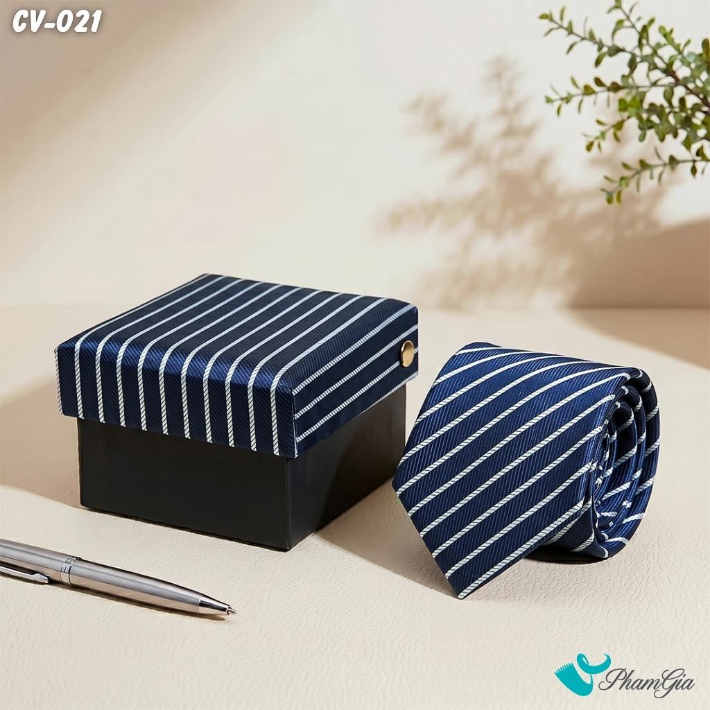 Cà Vạt Nam Hoạ Tiết Kẻ Sọc Chéo Nhỏ Màu Trắng Phối Xanh Navy (CV021)