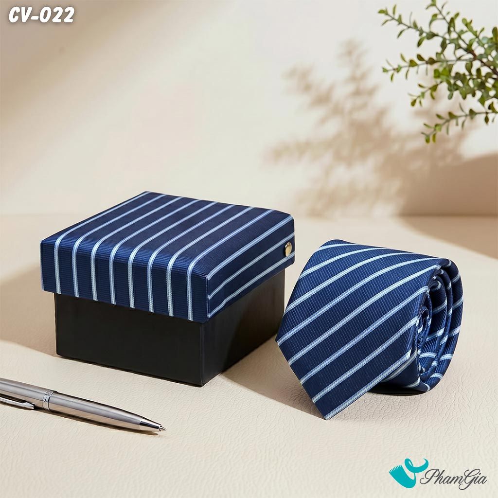 Cà Vạt Nam Hoạ Tiết Kẻ Sọc Chéo Nhỏ Màu Xanh Navy (CV022)