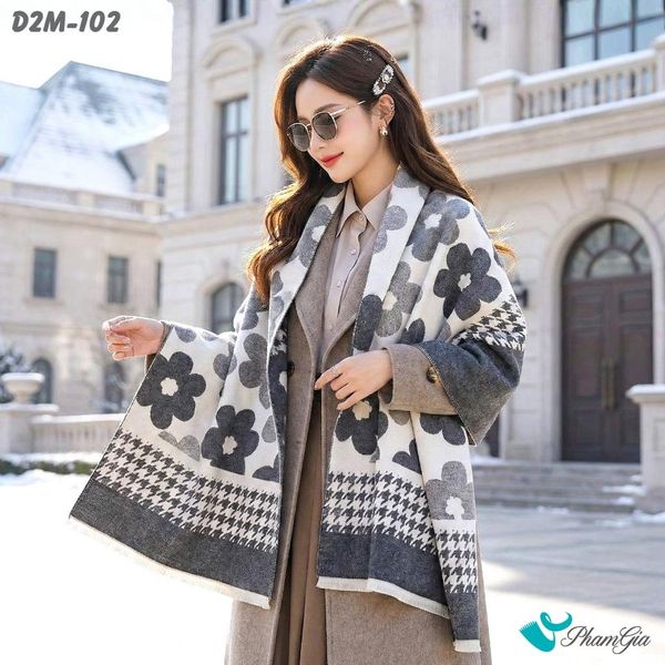 Khăn Choàng Dạ Cashmere 2 Mặt Cao Cấp Họa Tiết Hoa Mai Màu Xám (D2M102)