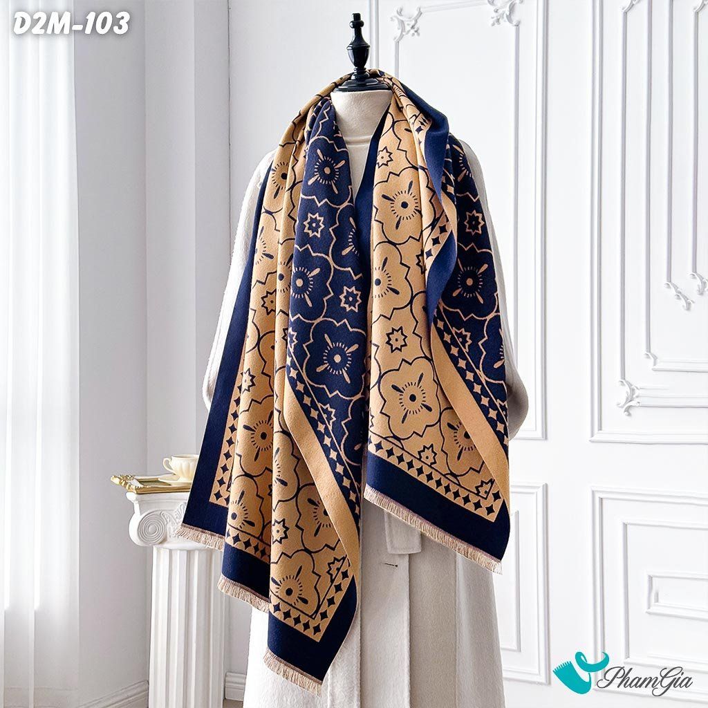 Khăn Choàng Dạ Cashmere 2 Mặt Cao Cấp Họa Tiết Hoa Cổ Điển Màu Nâu Tây (D2M103)