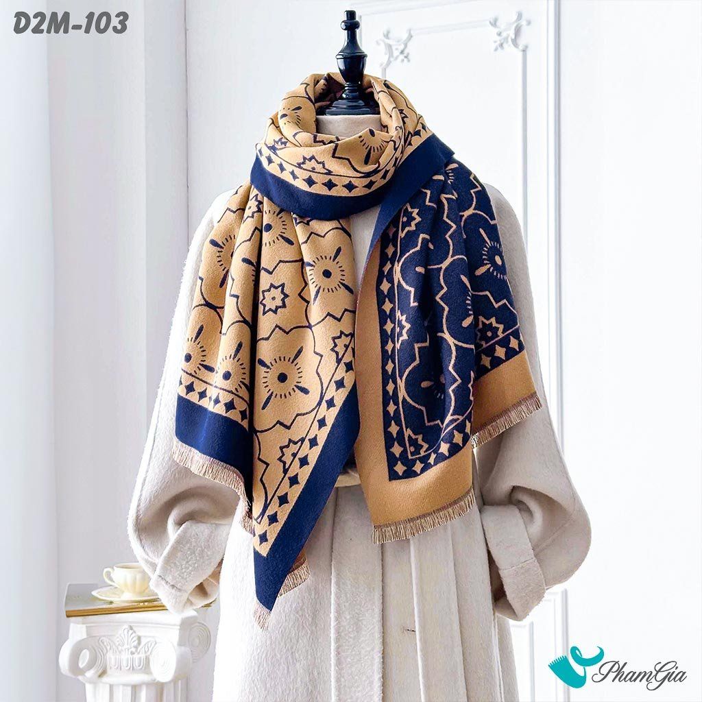 Khăn Choàng Dạ Cashmere 2 Mặt Cao Cấp Họa Tiết Hoa Cổ Điển Màu Nâu Tây (D2M103)