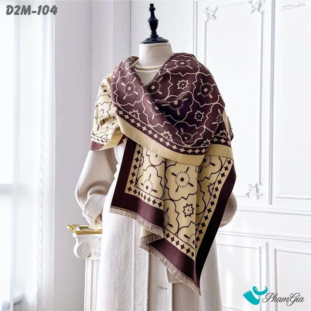 Khăn Choàng Dạ Cashmere 2 Mặt Cao Cấp Họa Tiết Hoa Cổ Điển Màu Nâu Bạc Xỉu (D2M104)