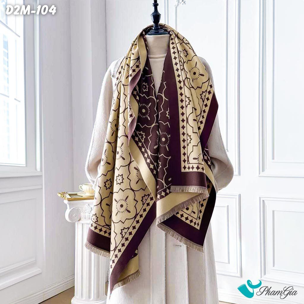 Khăn Choàng Dạ Cashmere 2 Mặt Cao Cấp Họa Tiết Hoa Cổ Điển Màu Nâu Bạc Xỉu (D2M104)