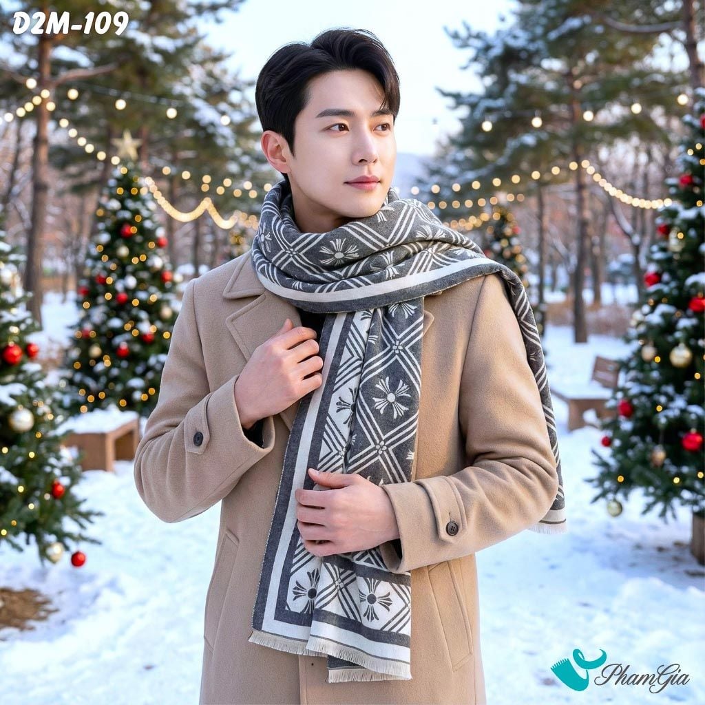 Khăn Choàng Dạ Cashmere 2 Mặt Cao Cấp Họa Tiết Retro Màu Xám (D2M109)