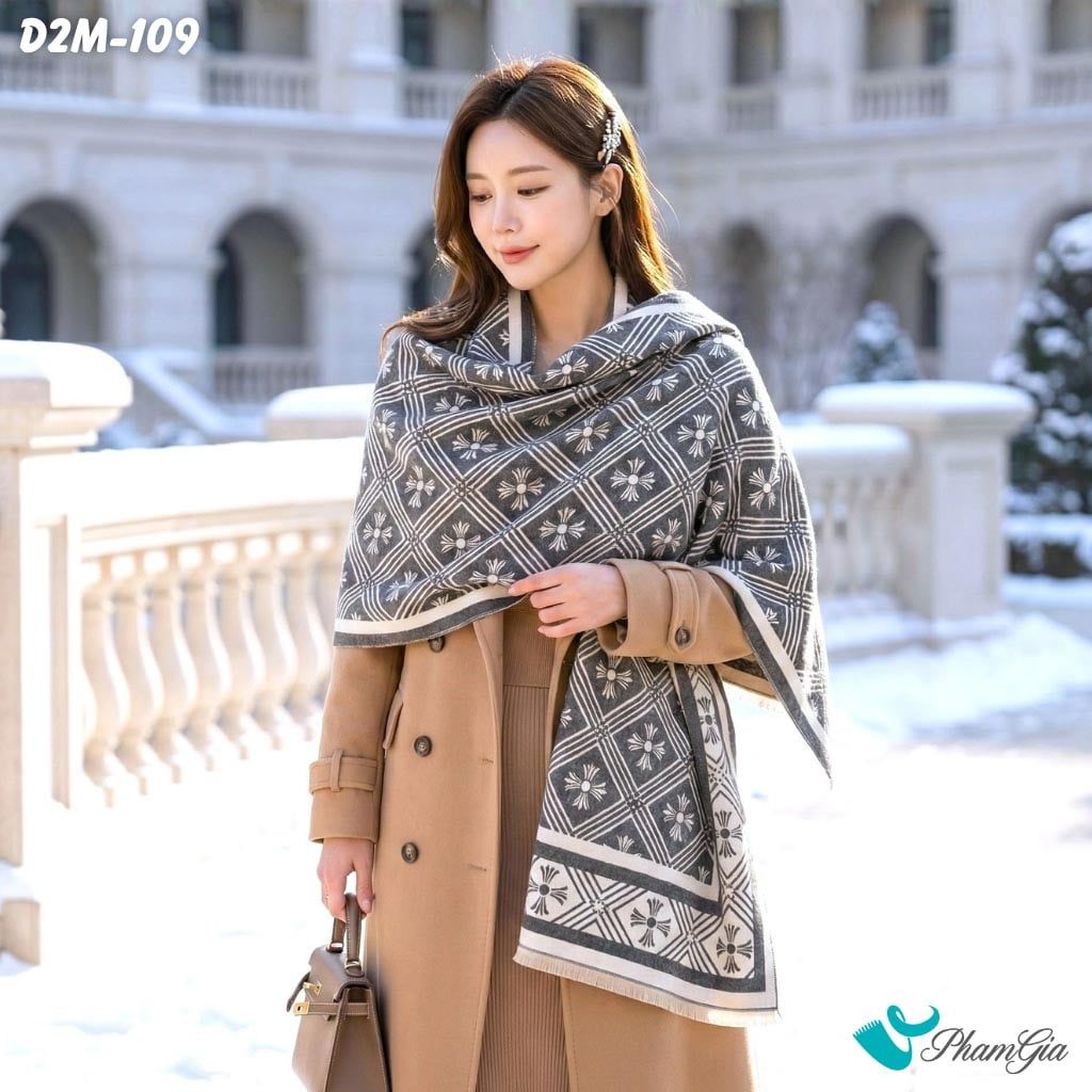 Khăn Choàng Dạ Cashmere 2 Mặt Cao Cấp Họa Tiết Retro Màu Xám (D2M109)