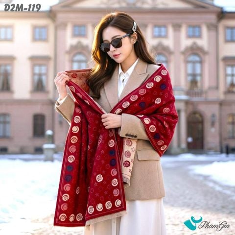 Khăn Choàng Dạ Cashmere 2 Mặt Cao Cấp Họa Tiết Retro Cá Tính Màu Đỏ (D2M119)
