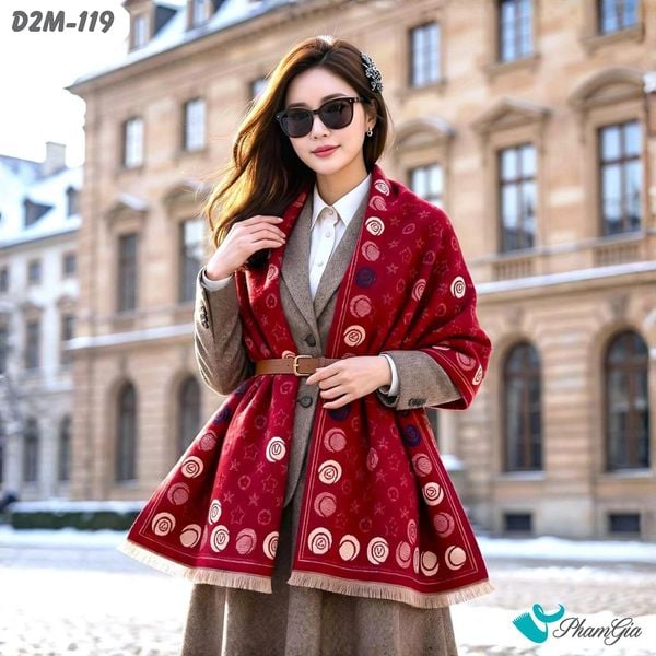 Khăn Choàng Dạ Cashmere 2 Mặt Cao Cấp Họa Tiết Retro Cá Tính Màu Đỏ (D2M119)
