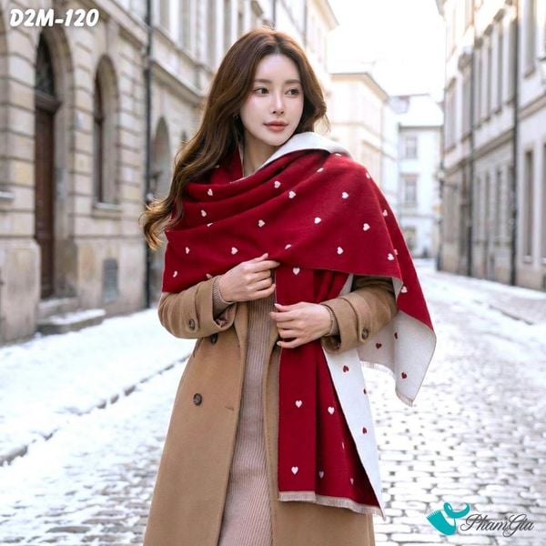 Khăn Choàng Dạ Cashmere 2 Mặt Cao Cấp Họa Tiết Trái Tim Nhỏ Màu Đỏ (D2M120)
