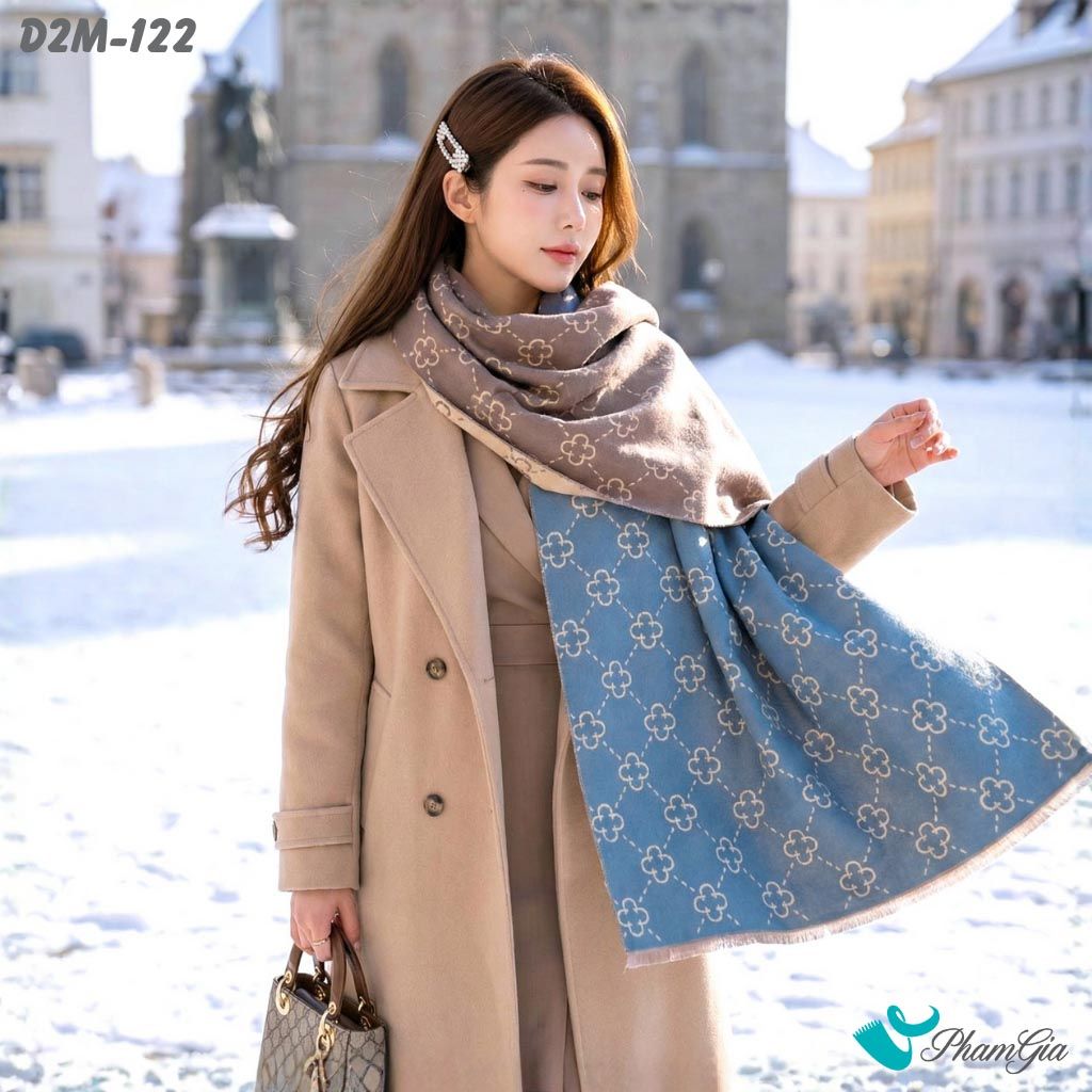 Khăn Choàng Dạ Cashmere 2 Mặt Cao Cấp Họa Tiết Retro Mắt Xích Màu Xanh (D2M122)