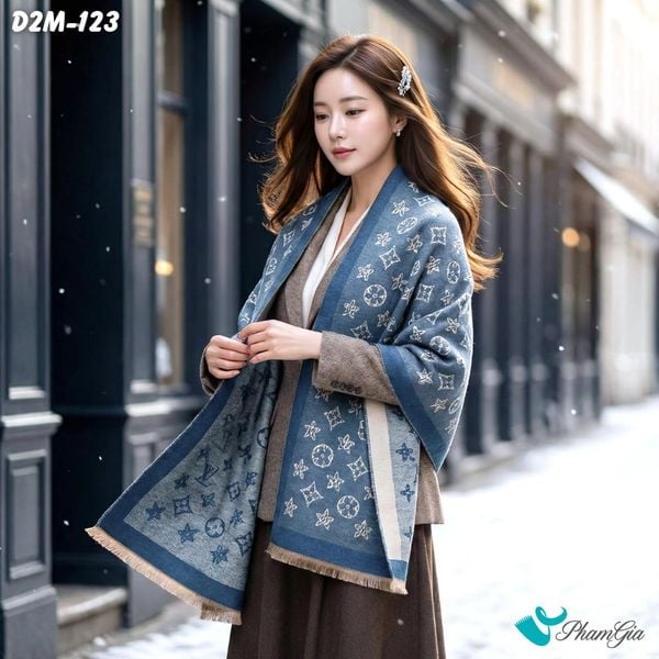 Khăn Choàng Dạ Cashmere 2 Mặt Cao Cấp Họa Tiết Retro Cá Tính Màu Xanh (D2M123)