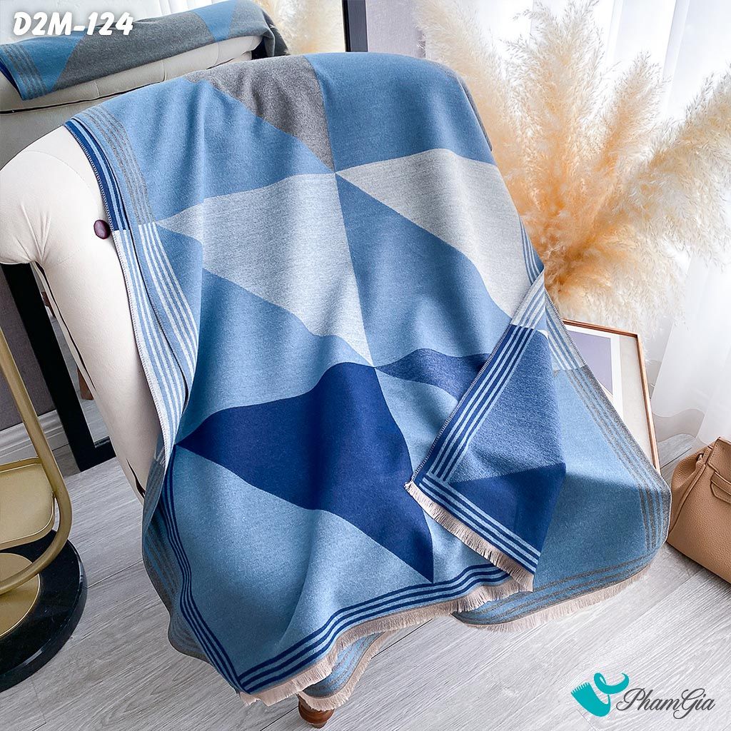 Khăn Choàng Dạ Cashmere 2 Mặt Cao Cấp Họa Tiết Hình Học Hiện Đại Màu Xanh (D2M124)